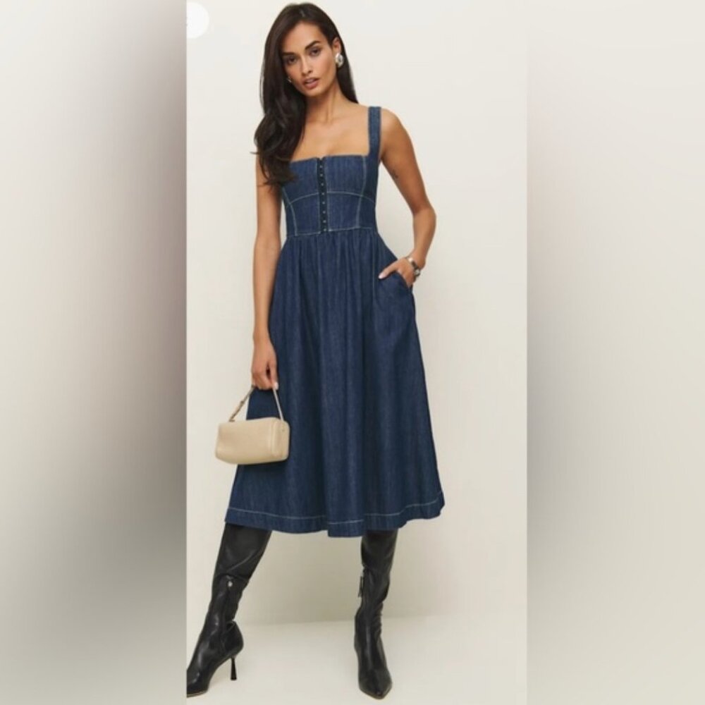 Reformation Tagliatelle Denim Midi Dress Blue - Size 10